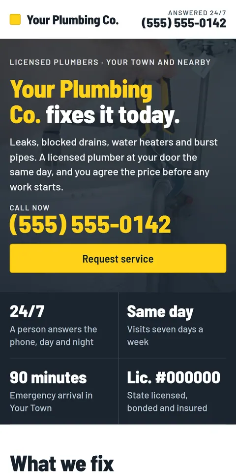 A website for a plumber: a photo of a plumber at work with the headline and the phone number set on it, a Request service button, and four facts: answered 24/7, same-day visits, 90-minute emergency arrival and the license number.