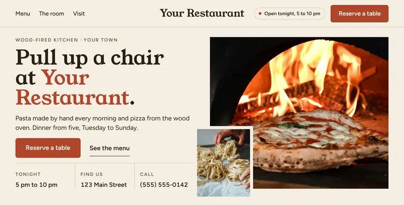 A website for a restaurant: a headline with the restaurant's name, a photo of a pizza in a wood oven, tonight's hours, the address, the phone number and a Reserve a table button.
